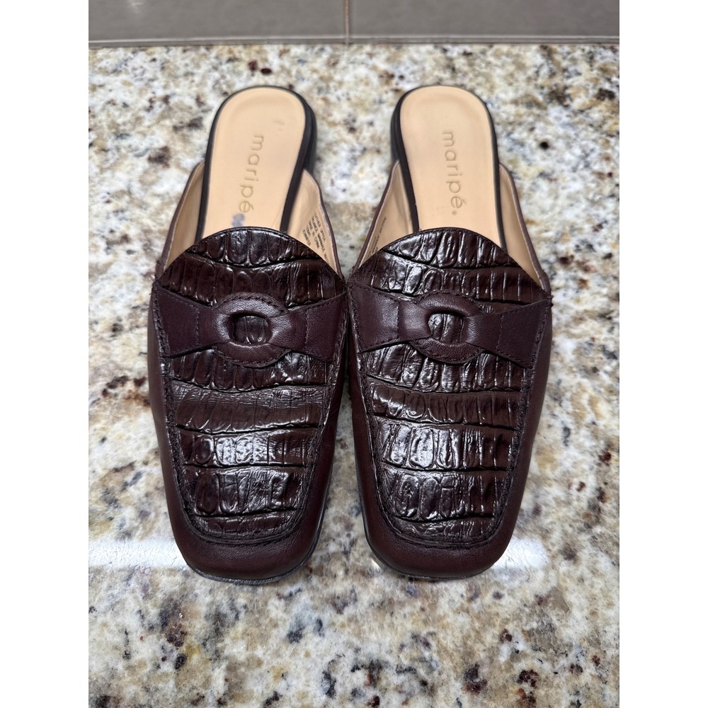 Maripe Jennifer Brown Leather Croc Embossed Mules Loafer Slides Womens 7.5 M - Picture 2 of 9